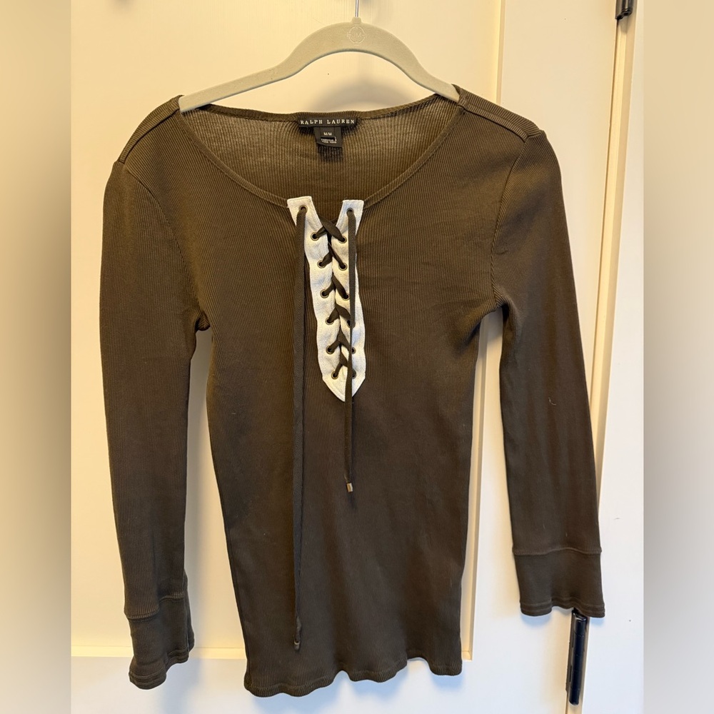 Vintage Ralph Lauren olive lace-up safari style ribbed top
